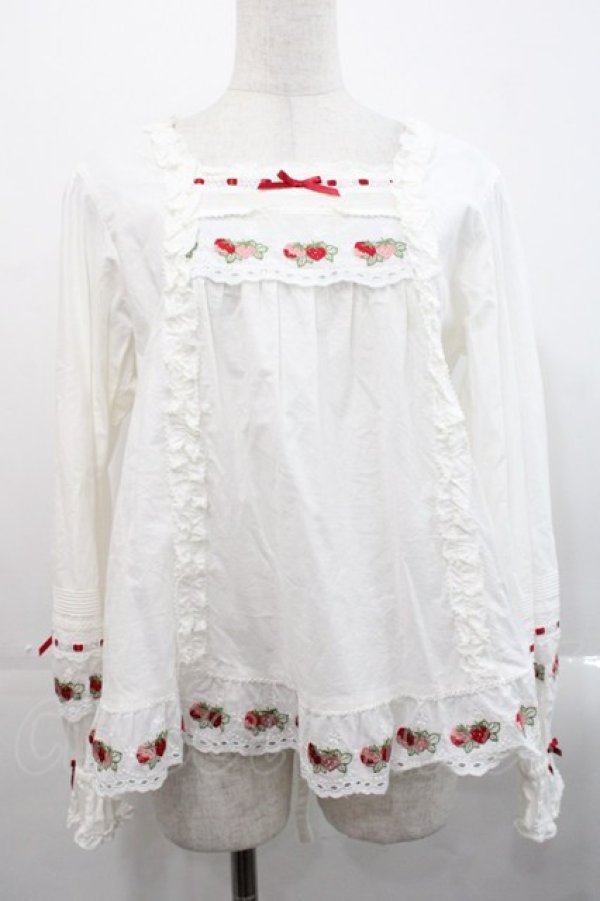 画像1: PINK HOUSE / いちごレース使いブラウス  白Ｘ赤 I-25-11-12-012-LO-BL-SA-ZI (1)