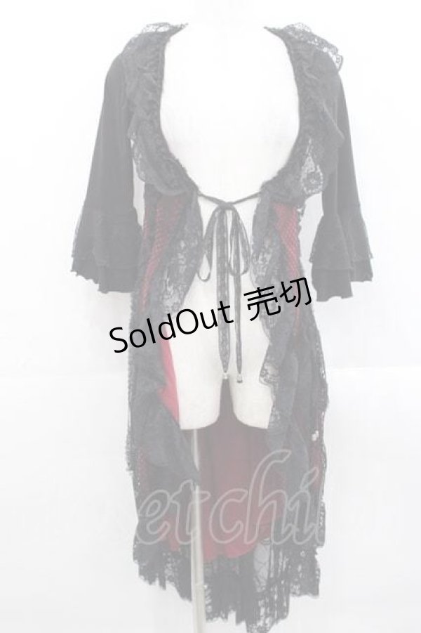 画像1: Qutie Frash / メッシュ切替ロングカーディガン  黒Ｘ赤 I-25-11-15-064-QU-TO-SA-ZI (1)