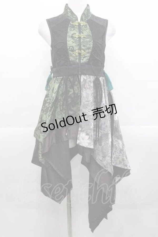 画像1: Qutie Frash / チャイナノースリーブチュニック  黒Ｘ緑 I-25-11-18-061-QU-TO-SA-ZI (1)