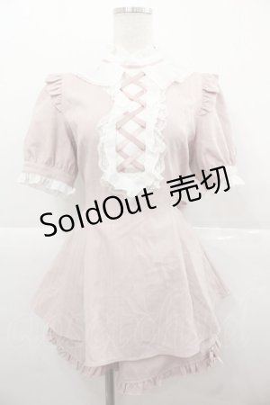 画像: Secret Honey / 編み上げストライプ半袖ブラウス&ショートパンツセットアップ  ピンクＸ白 I-25-11-24-073-CA-OP-SA-ZI