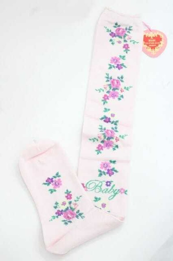 画像1: BABY,THE STARS SHINE BRIGHT / Garden Flower柄オーバーニーソックス  ピンク I-25-11-27-114-BA-ZA-SA-ZI (1)