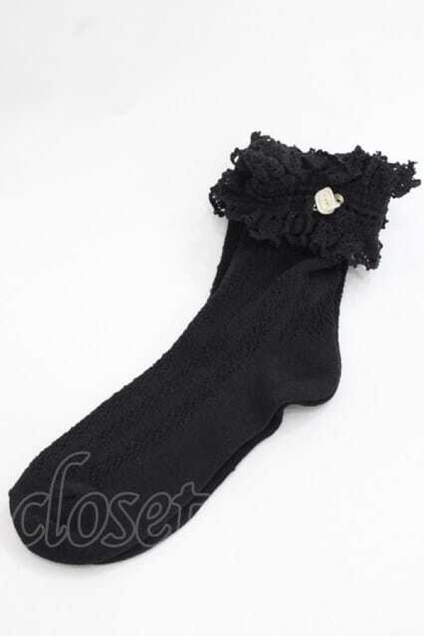画像1: m petit by misako / プチバラ付きクルーソックス  黒 I-25-11-27-121-LO-ZA-SA-ZI (1)