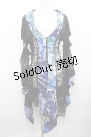 画像: Qutie Frash / メッシュ切り替え着物袖カーディガン  黒Ｘ青 I-25-11-27-019-QU-BL-SA-ZI