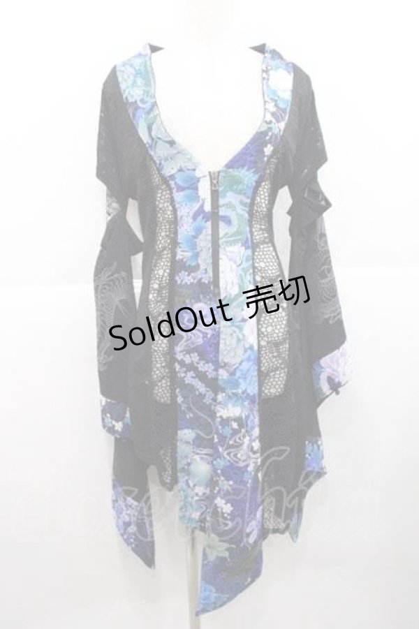 画像1: Qutie Frash / メッシュ切り替え着物袖カーディガン  黒Ｘ青 I-25-11-27-019-QU-BL-SA-ZI (1)