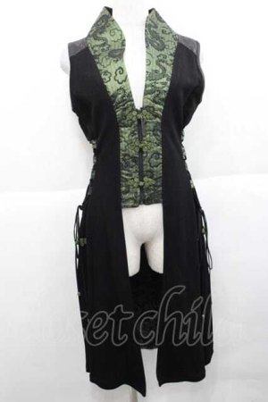 画像: Qutie Frash / サイド編上チャイナ風ロングベスト  黒Ｘ緑 I-25-11-27-020-QU-TO-SA-ZI