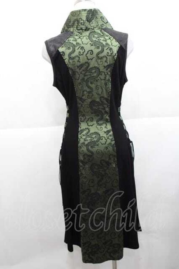 画像2: Qutie Frash / サイド編上チャイナ風ロングベスト  黒Ｘ緑 I-25-11-27-020-QU-TO-SA-ZI (2)