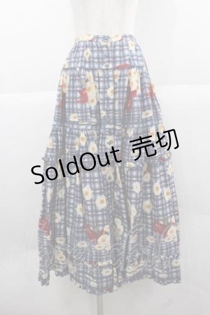 画像: PINK HOUSE / チェック&マーガレット柄前開きスカート  ブルー I-25-12-02-079-LO-SK-SA-ZI