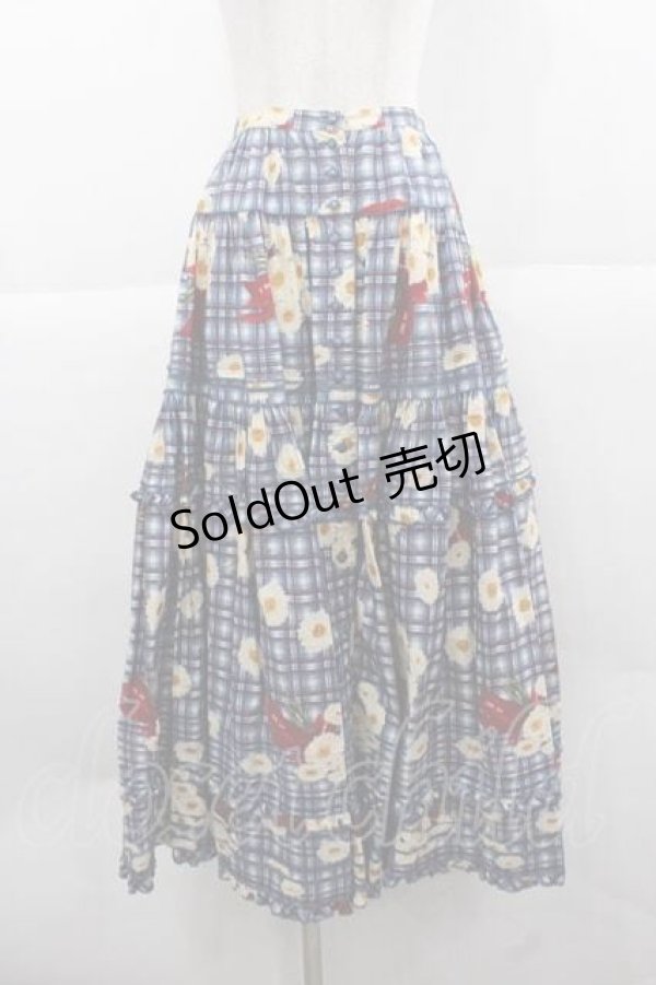 画像1: PINK HOUSE / チェック&マーガレット柄前開きスカート  ブルー I-25-12-02-079-LO-SK-SA-ZI (1)