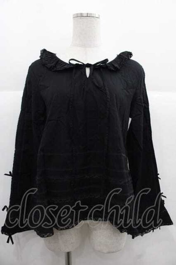 画像1: PINK HOUSE / レースストライプ長袖ブラウス  ブラック I-25-12-02-025-LO-BL-SA-ZI (1)