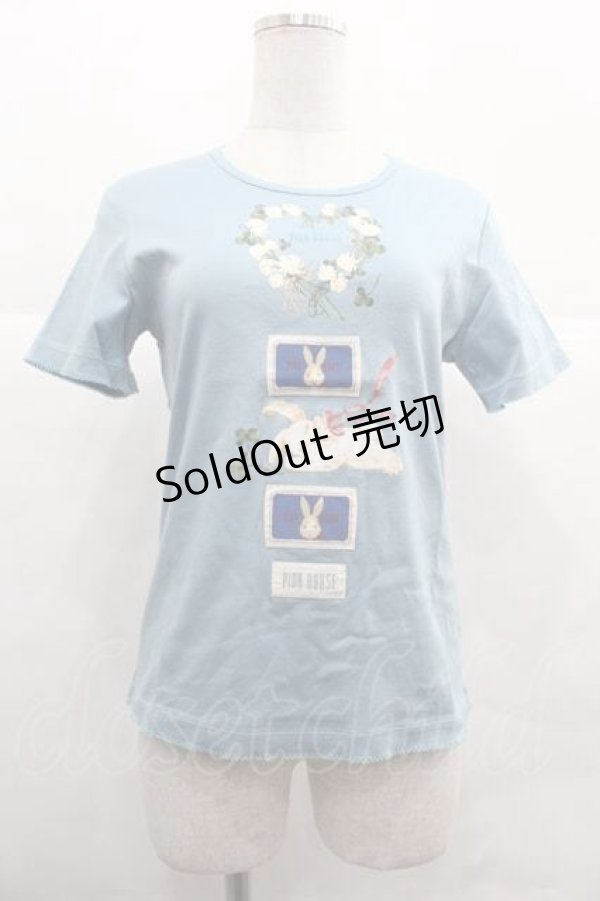 画像1: PINK HOUSE / White Cloverリース＆sleeping rabbitプリントカットソー  ブルー I-25-12-02-038-LO-TO-SA-ZT1227K (1)