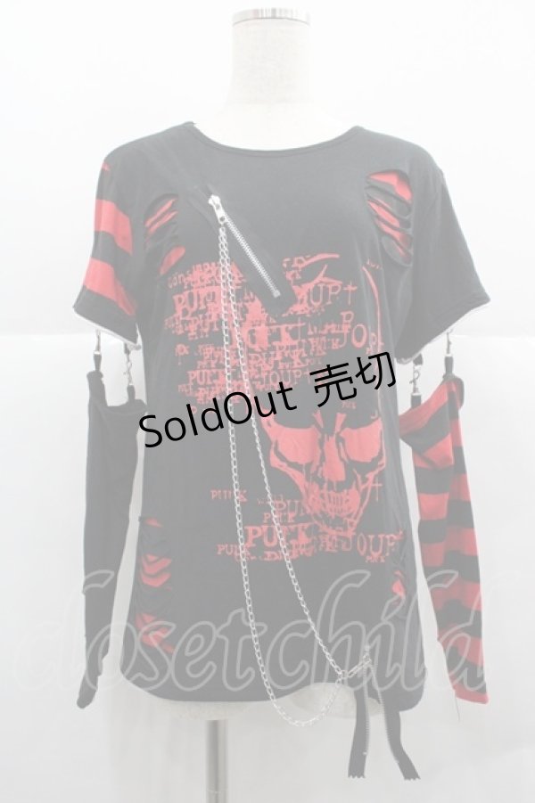 画像1: ACDC RAG / チェーン繋ぎクラッシュカットソー  黒Ｘ赤 I-25-12-06-038-PU-TO-SA-ZI (1)