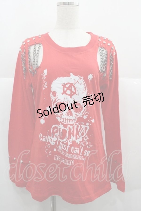 画像1: ACDC RAG / ドクロプリントチェーンカットソー  赤Ｘ白Ｘシルバー I-25-12-06-041-PU-TO-SA-ZI (1)