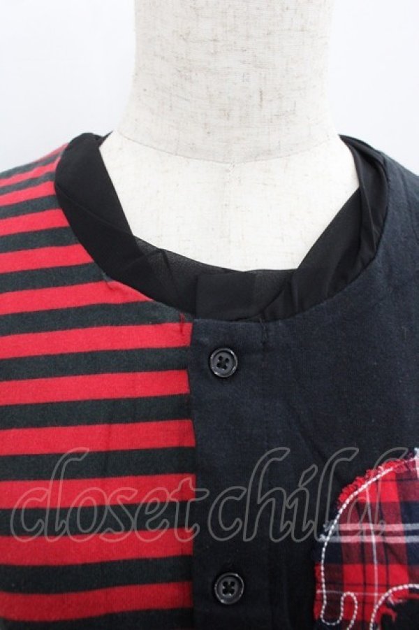 画像3: Banana Fish / ボーダー&チェックドクロ切替ノースリーブカーディガン  黒Ｘ赤 I-25-12-06-051-PU-TO-SA-ZT182 (3)