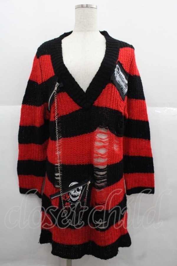 画像1: GOTHPUNKその他(買取対象外) / Vネックボーダーニット  ブラック×レッド I-25-12-06-054-PU-TO-SA-ZI (1)