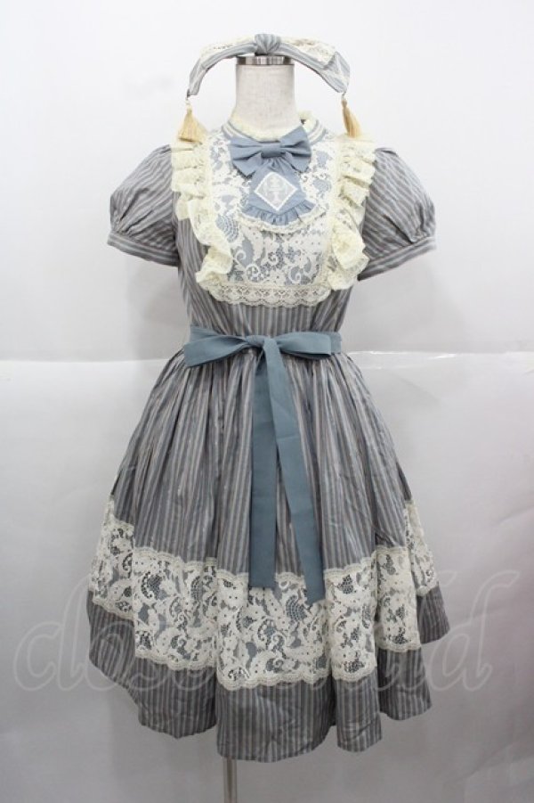 画像1: 仲夏物語 / ストライプレースハイウエストワンピース S 青Ｘ生成り I-25-12-13-111-EL-OP-SA-ZI (1)