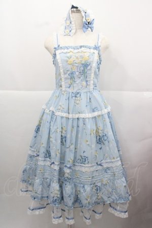 画像: MOONRIVER(海外ロリータブランド) / リボン格子ローズ柄ワンピースセット M アイボリーＸ青Ｘパープル I-25-12-13-118-LO-OP-SA-ZI