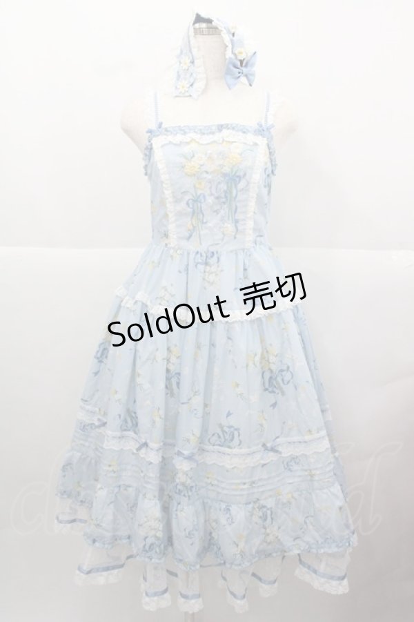 画像1: MOONRIVER(海外ロリータブランド) / リボン格子ローズ柄ワンピースセット M アイボリーＸ青Ｘパープル I-25-12-13-118-LO-OP-SA-ZI (1)