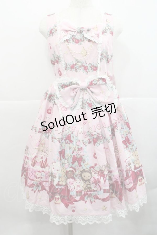 画像1: BABY,THE STARS SHINE BRIGHT / くみゃちゃんたちのChristmas Holly Night 柄 リボンジャンパースカート  ピンク I-25-12-18-049-BA-OP-SA-ZI (1)