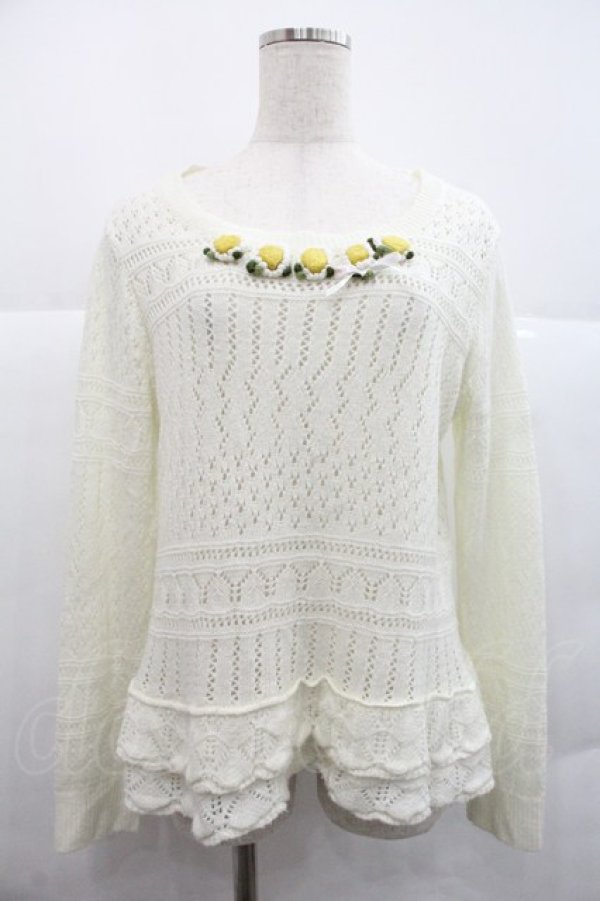 画像1: PINK HOUSE / マーガレットモチーフ付きニットプルオーバー  白 I-25-12-22-047-LO-TO-SA-ZI (1)