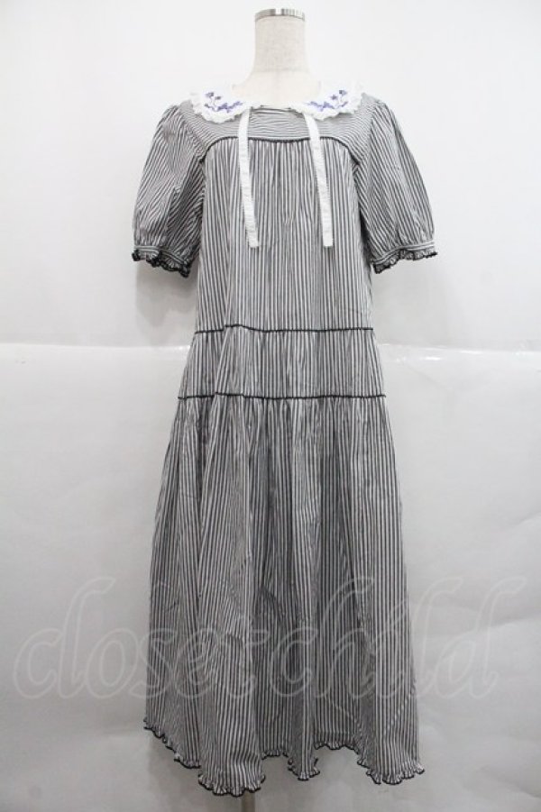 画像1: PINK HOUSE / ローン襟付きストライプミディワンピース  黒Ｘ白 I-25-12-22-083-LO-OP-SA-ZI (1)