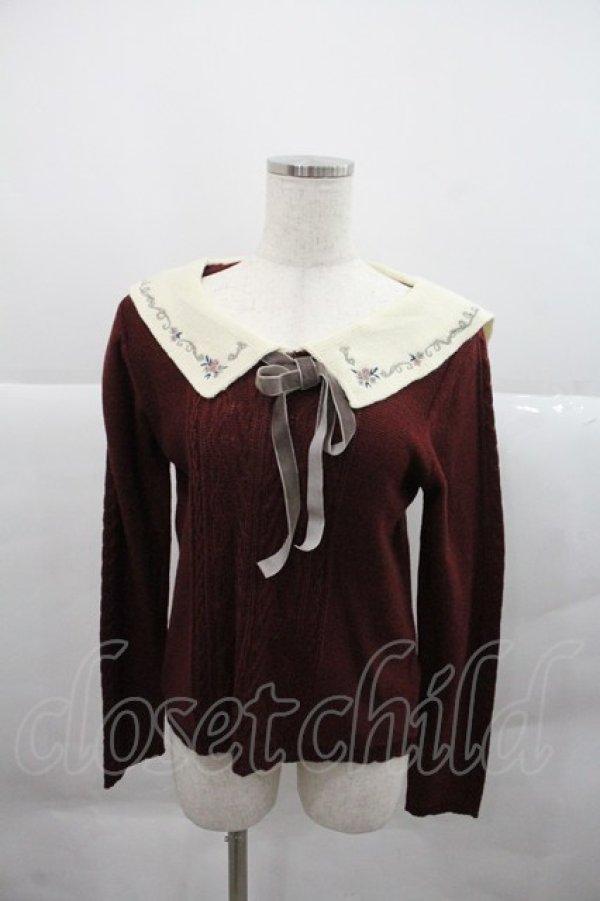 画像1: axes femme POETIQUE / 刺繍入りセーラー襟ニットプルオーバー M ワイン I-25-12-22-027-AX-TO-SA-ZI (1)