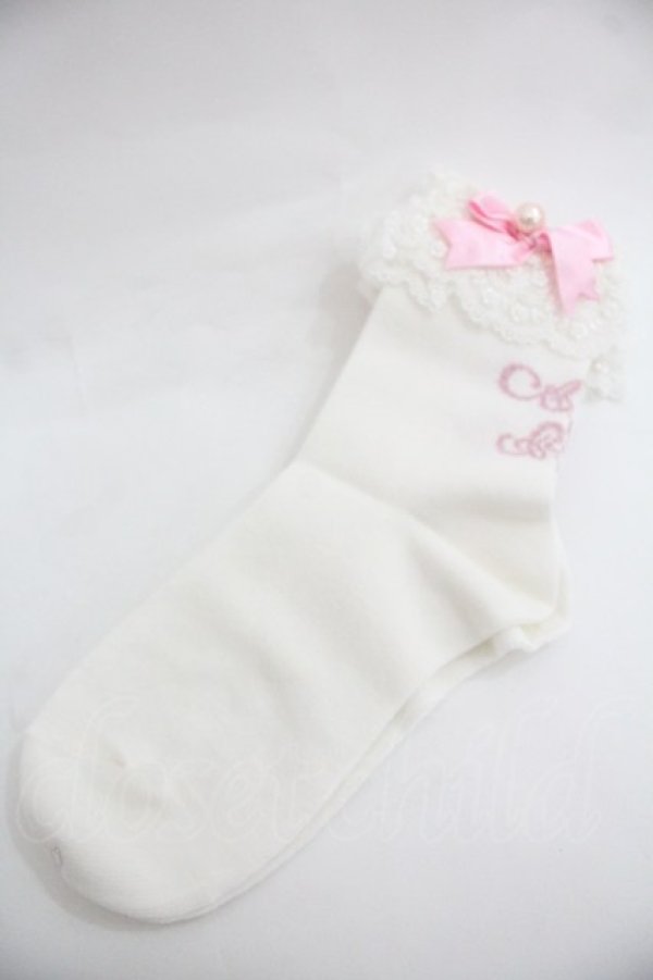 画像1: Angelic Pretty / プリンセスロゴクルー丈ソックス  白Ｘピンク I-25-12-24-052-AP-ZA-SA-ZI (1)