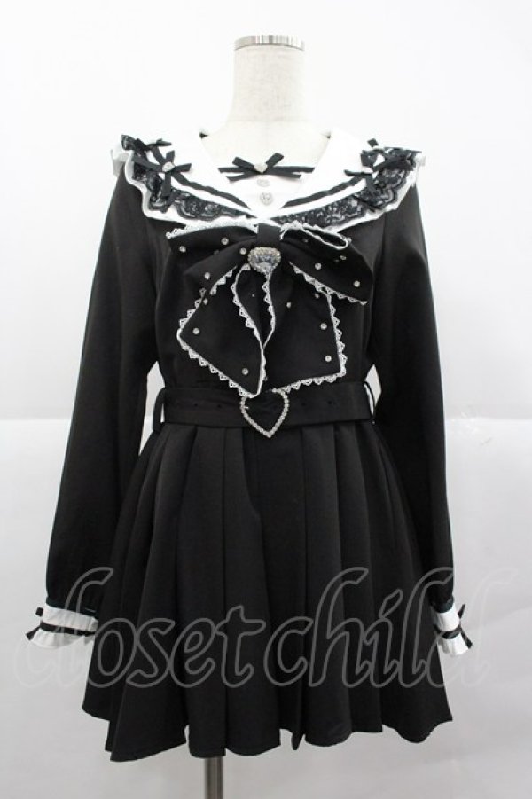 画像1: DearMyLove / ハートビジューリボンレース学園ワンピース M 黒Ｘ白 I-25-12-24-116-EL-OP-SA-ZI (1)
