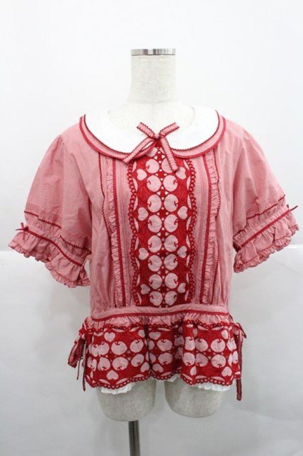 画像1: PINK HOUSE / チェリーレース使いギンガムチェックブラウス  赤 I-25-12-27-063-LO-BL-SA-ZI (1)