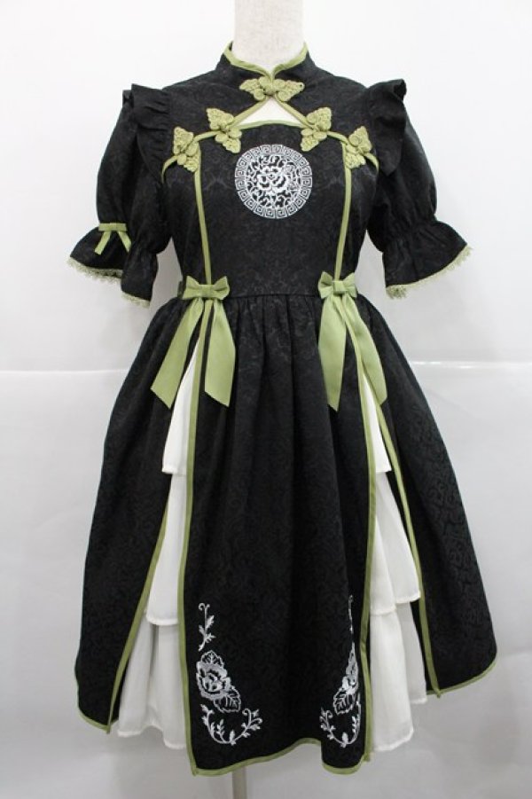 画像1: axes femme kawaii / 牡丹刺繍チャイナワンピース M 黒 I-25-12-27-085-AX-OP-SA-ZI (1)