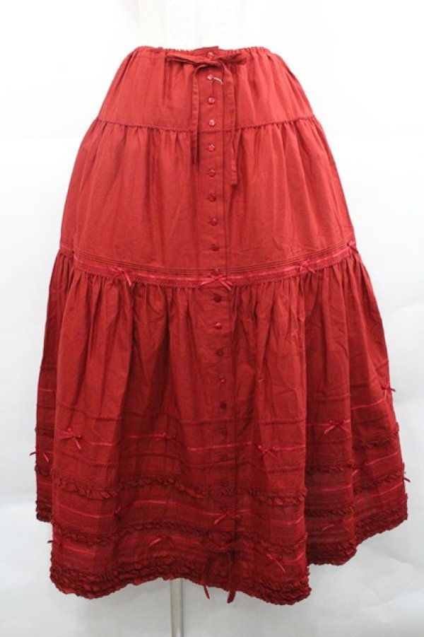 画像1: PINK HOUSE / サテンリボンいっぱいローンティアードスカート  赤 I-25-12-27-111-LO-SK-SA-ZI (1)