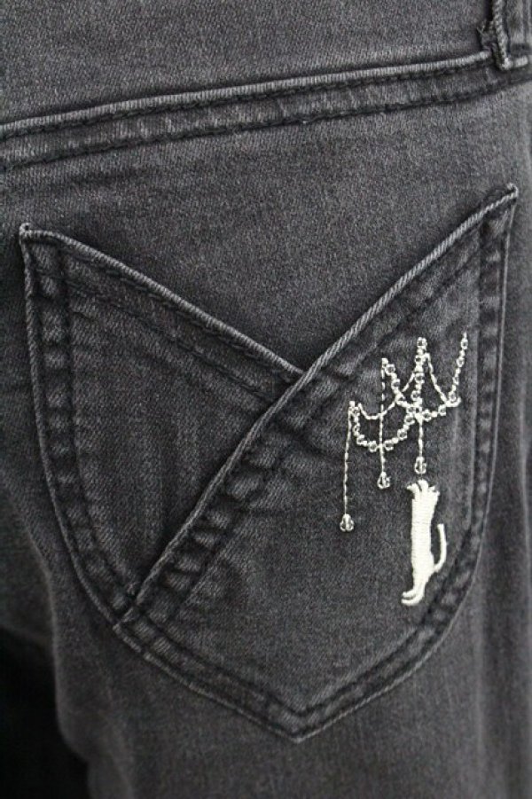 画像3: axes femme / ねこ刺繍デニムパギンス L 黒 I-25-12-27-113-AX-PA-TE-ZI (3)