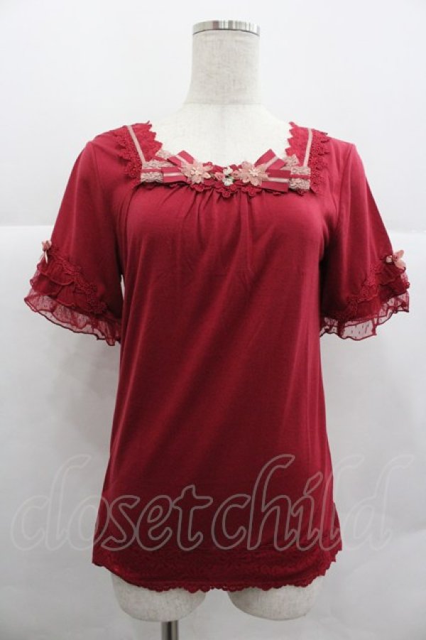 画像1: axes femme / 巻き薔薇リボン半袖カットソー  赤 I-25-12-29-060-AX-TO-SA-ZI (1)