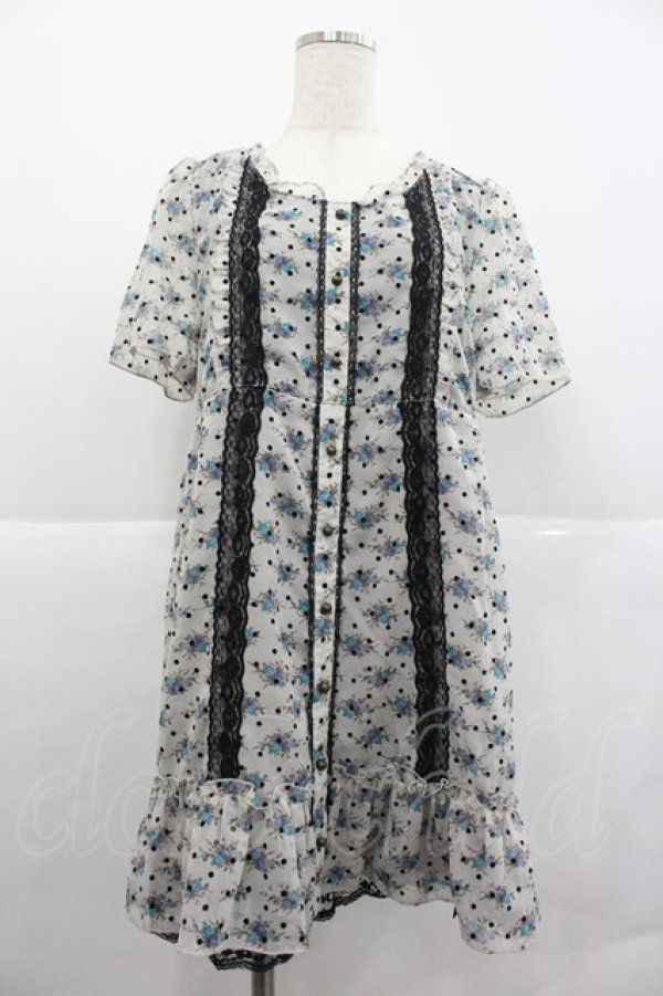 画像1: axes femme / 小花×ドットフロッキーワンピース  白Ｘ青Ｘ黒 I-25-12-29-076-AX-OP-SA-ZI (1)