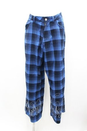 画像: LISTEN FLAVOR / ファイヤー刺繍裾ジップスリットワイドパンツ L ブルーチェック I-26-01-04-078-PU-PA-SA-ZI