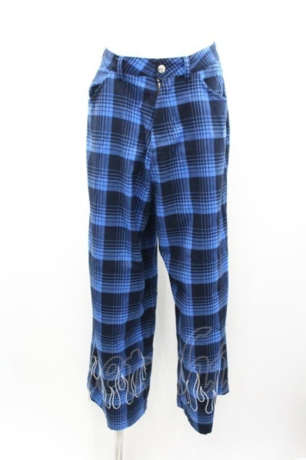 画像1: LISTEN FLAVOR / ファイヤー刺繍裾ジップスリットワイドパンツ L ブルーチェック I-26-01-04-078-PU-PA-SA-ZI (1)