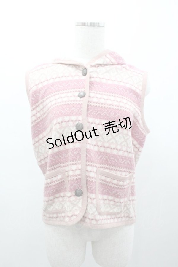 画像1: PINK HOUSE / 総柄ボーダー風デザインフードベスト M ピンクＸ白 I-26-01-04-013-LO-TO-SA-ZI (1)