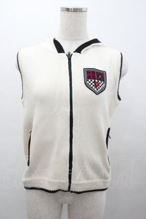 画像: PINK HOUSE / 胸元ワッペンフードニットベスト  アイボリーＸ黒 I-26-01-04-014-LO-TO-SA-ZI