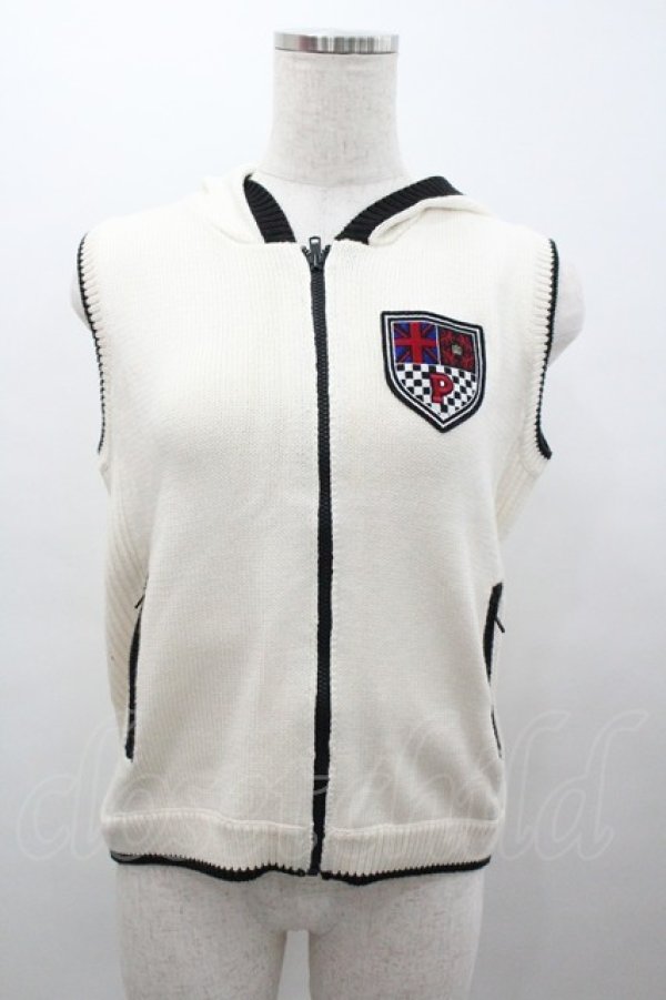 画像1: PINK HOUSE / 胸元ワッペンフードニットベスト  アイボリーＸ黒 I-26-01-04-014-LO-TO-SA-ZI (1)