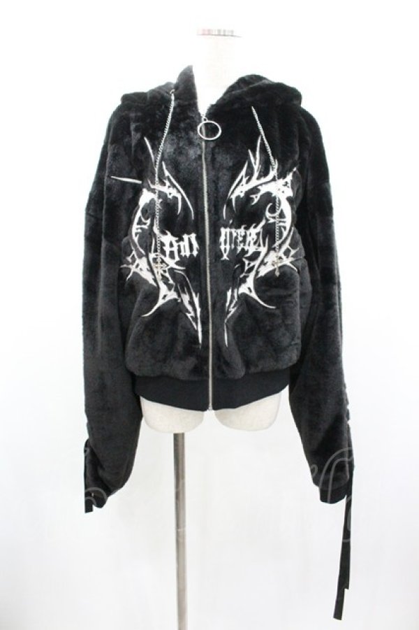 画像1: Amilige / ネコ耳ハートロゴ刺繍ZIPショートファーコート  黒 I-26-01-04-024-PU-JA-SA-ZI (1)