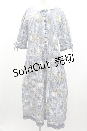 画像: WONDERFUL WORLD / チェックフラワー柄半袖ワンピース  ネイビーＸ白 I-26-01-04-040-LO-OP-SA-ZI