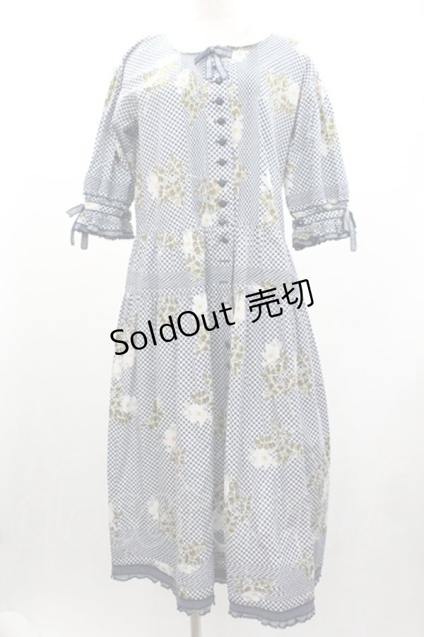 画像1: WONDERFUL WORLD / チェックフラワー柄半袖ワンピース  ネイビーＸ白 I-26-01-04-040-LO-OP-SA-ZI (1)