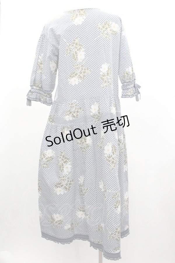 画像2: WONDERFUL WORLD / チェックフラワー柄半袖ワンピース  ネイビーＸ白 I-26-01-04-040-LO-OP-SA-ZI (2)