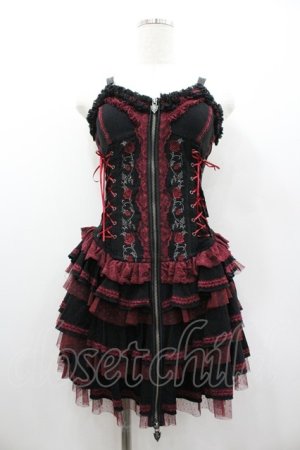 画像: OZZ ANGELO / 薔薇刺繍サイド編み上げコルセットキャミワンピース  黒Ｘ赤 I-26-01-06-074-OO-OP-SA-ZI