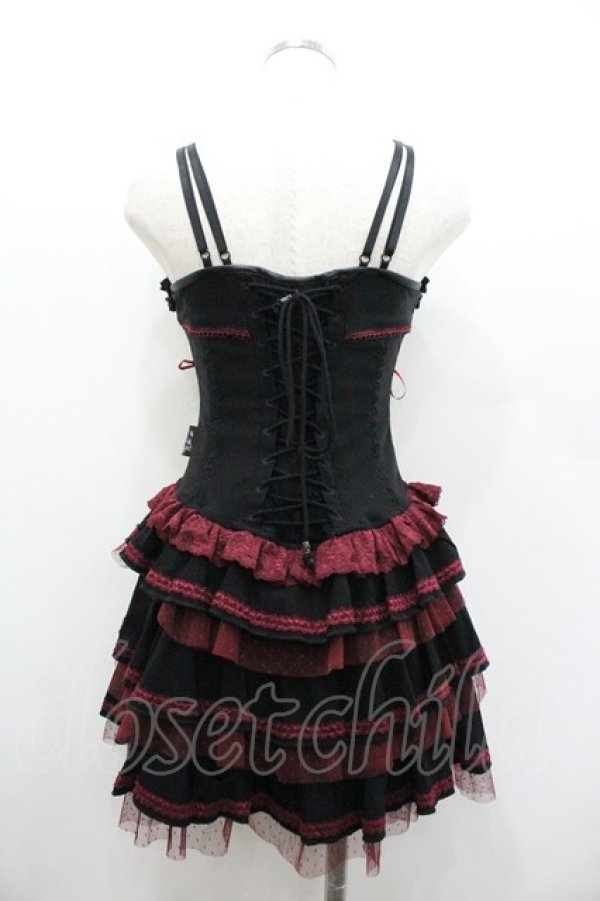 画像2: OZZ ANGELO / 薔薇刺繍サイド編み上げコルセットキャミワンピース  黒Ｘ赤 I-26-01-06-074-OO-OP-SA-ZI (2)