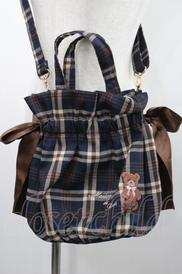 画像2: Maison de FLEUR / ベア刺繍ギャザー2WAYトートバッグ  黒Ｘブラウン I-26-01-06-103-LO-BG-SA-ZI (2)