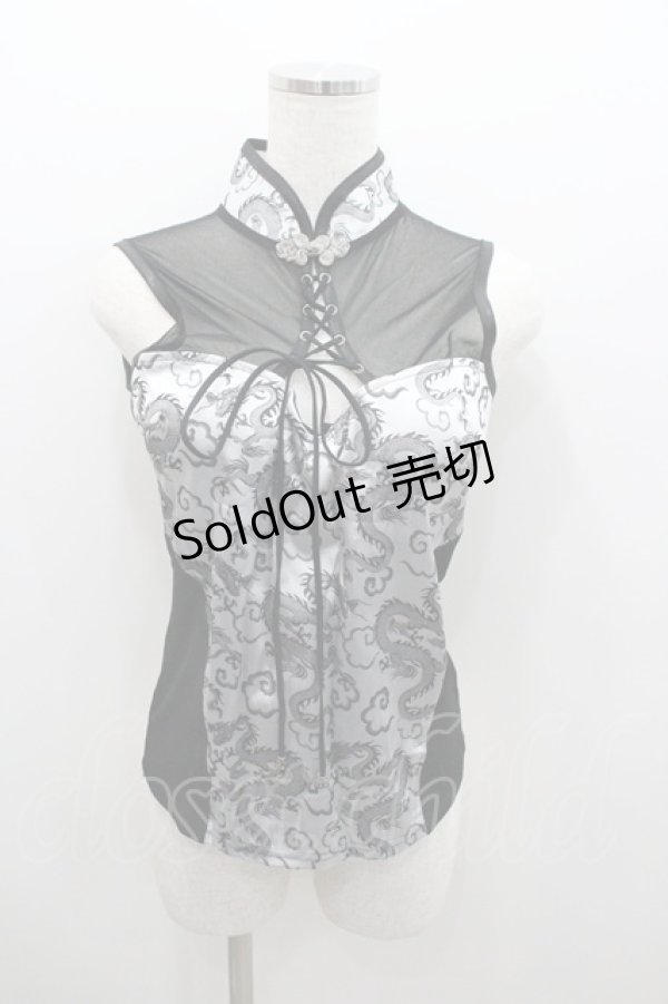 画像1: Qutie Frash / 龍チャイナタンク  黒Ｘシルバー I-26-01-06-026-QU-TO-SA-ZI (1)