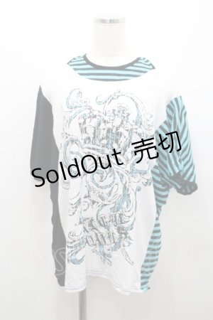 画像: ALGONQUINS / クラウンプリントサイド切替半袖カットソー  白Ｘ黒Ｘサックス I-26-01-06-028-AL-TO-SA-ZI