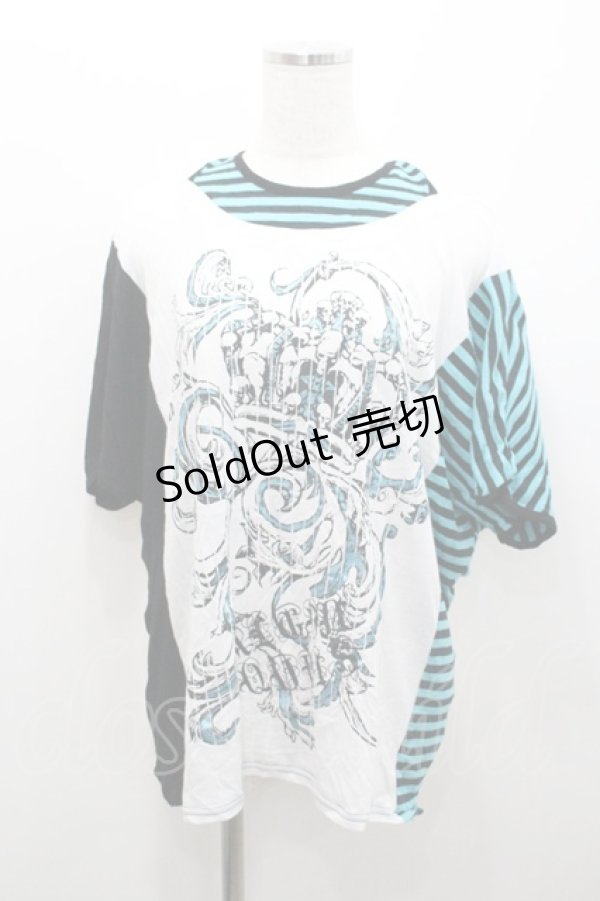 画像1: ALGONQUINS / クラウンプリントサイド切替半袖カットソー  白Ｘ黒Ｘサックス I-26-01-06-028-AL-TO-SA-ZI (1)