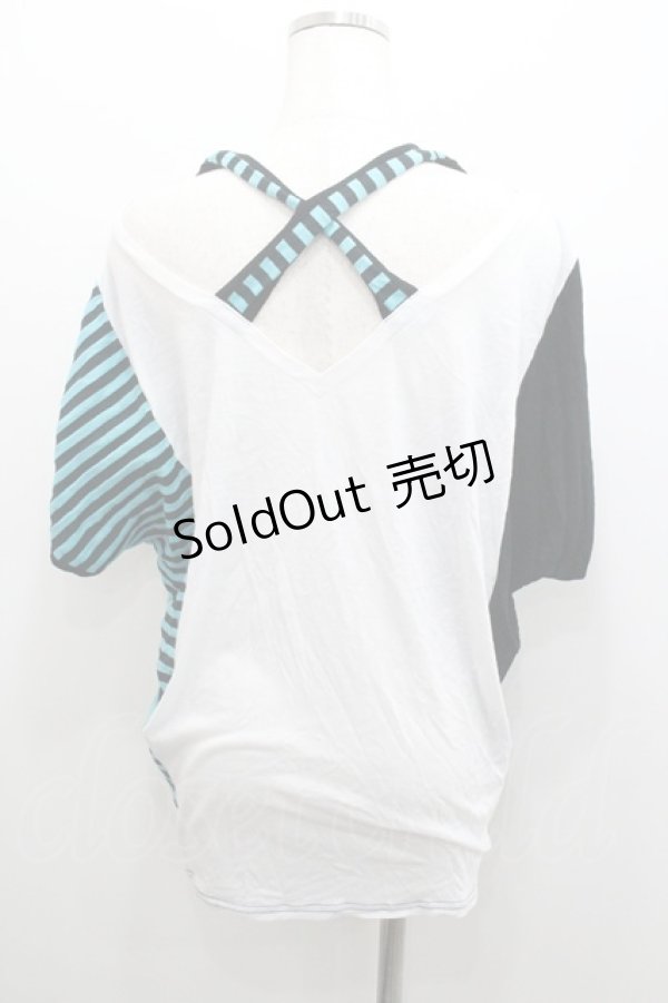 画像2: ALGONQUINS / クラウンプリントサイド切替半袖カットソー  白Ｘ黒Ｘサックス I-26-01-06-028-AL-TO-SA-ZI (2)