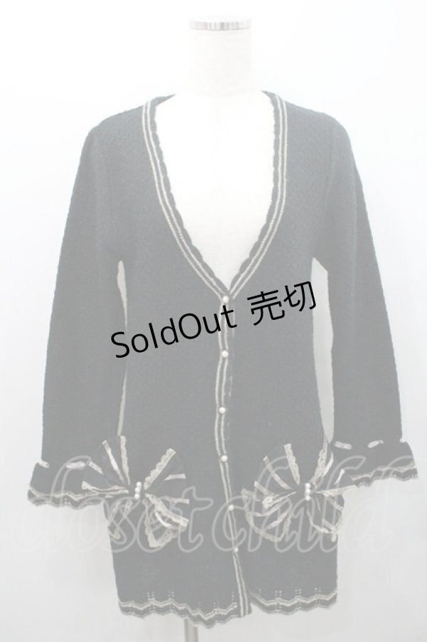 画像1: axes femme / シフォンリボン使いロングカーディガン M 黒 I-26-01-08-033-AX-TO-TE-ZI (1)